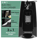 Progress EK4634P 3-in-1 Electric Tin Can Opener - Bottle Opener, Knife Sharpener, Stainless Steel Blade, Hands-Free, Arthritis and Seniors, Automatic, Safe Cleaning, Quick and Easy, Black, 70 W