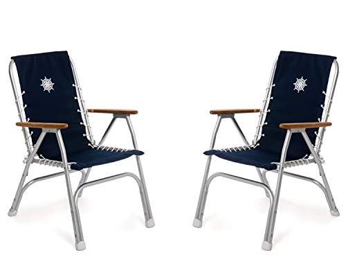 FORMA MARINE Boat Chairs High Back Navy Blue Deck Folding Marine Aluminum Teak Furniture Set of 2 M150NB