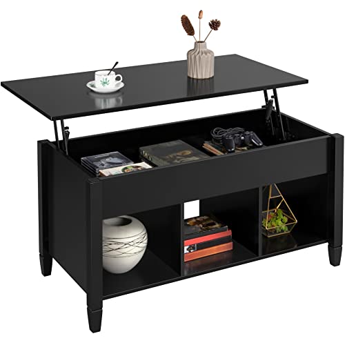 Yaheetech Coffee Table, Lift Top Coffee Table w/Hidden Storage Compartment & Lower 3 Cube Open Shelves, Lift Tabletop Coffee Table for Living Room/Reception Room/Office, Black