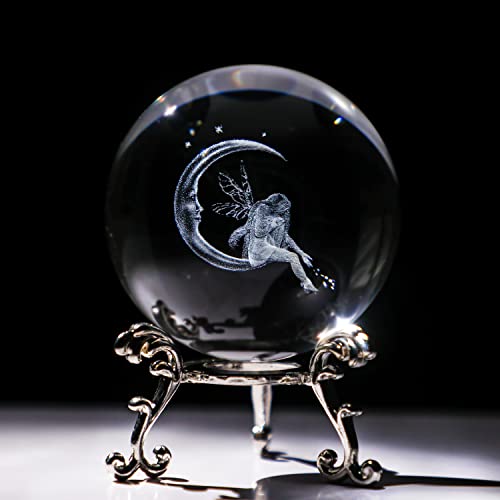 ZEERSHEE 60mm 3D Laser Engraved Crystal Fairy & Moon Ball Figurine 3D Crystal Ball Sphere with Stand Glass Paperweights Table Decor for Girls Daughters