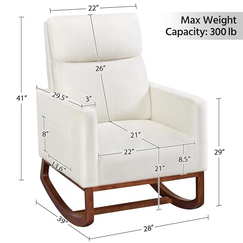 Yaheetech Rocking Chair Nursery Glider Chair with Rubber Wood Legs Side Pocket, Rocking Accent Armchair High Back for Living Room/Bedroom/Nursery, Ivory