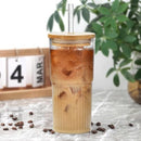 Drinking Glasses with Bamboo Lids and Glass Straw 2pcs Set - 22oz Transparent Striped Glass Cups, Beer Glasses, Iced Coffee Glasses, Cute Tumbler Cup, Ideal for Cocktail, Whiskey,