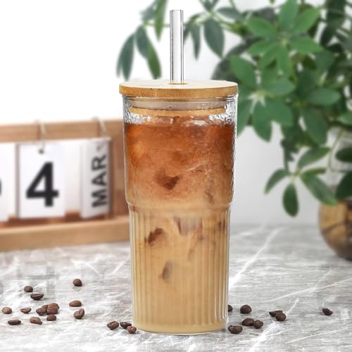 Drinking Glasses with Bamboo Lids and Glass Straw 2pcs Set - 22oz Transparent Striped Glass Cups, Beer Glasses, Iced Coffee Glasses, Cute Tumbler Cup, Ideal for Cocktail, Whiskey,