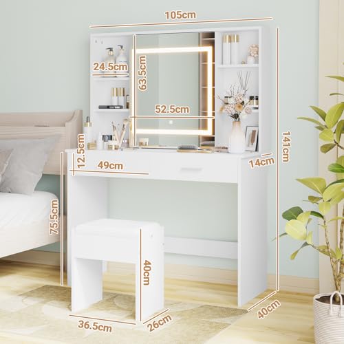 Advwin Dressing Table Stool Set with Slide Make up LED Mirror Vanity Desk with 2 Storage Drawers and Open Storage Shelf Wooden Home Bedroom Furniture White