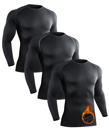 OYGSieg 3 Pack Mens Thermal Shirts Long Sleeve Compression Shirts Athletic Base Layer Top Cold Weather Gear Underwear, 3 Pack(black and Grey), Small
