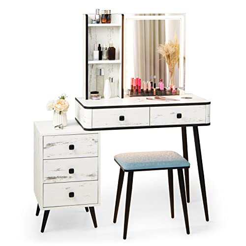 Giantex Vanity Set with Lighted Mirror, Makeup Table with 3-Color Dimmable LED Lights, 5 Drawers, Storage Shelves, Cushioned Stool and Charging Station, Dressing Desk Set for Bedroom