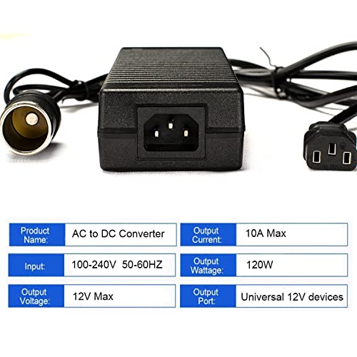 AC to DC Converter AC-100V/240V to DC-12V 10A 120W Car Cigarette Lighter Socket Power Adapter,Used for Automobile Equipment Such as Automobile Vacuum Cleaners, Car Refrigerator and Other Car Devices