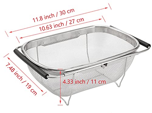 AJIODA Over The Sink Colander, 4 Quarts Stainless Steel Oval Colander with Expandable Rubber Grip Handle, Fine Mesh Strainer Baskets Kitchen Colander for Strain, Drain, Rinse Vegetables, Fruits, Black