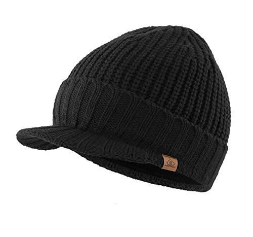 Home Prefer Outdoor Hat Winter Warm Thick Knit Beanie Cap with Visor One Size Fits Most Black