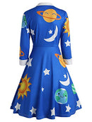 ZEZCLO Women's Long Sleeve Peter Pan Collar A-line Dress Halloween Costume Vintage Solar System Fit and Flare Dresses, Blue, Medium