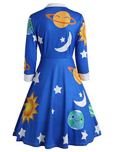 ZEZCLO Women's Long Sleeve Peter Pan Collar A-line Dress Halloween Costume Vintage Solar System Fit and Flare Dresses, Blue, Medium