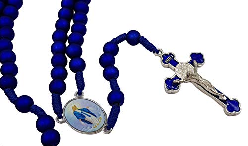 TALISMAN4U Deep Blue Rosary Beads Catholic Prayer Necklace with Saint Benedict Crucifix Our Lady of Grace Medal Religious Gift Rosary Pouch, Acrylic, No Gemstone