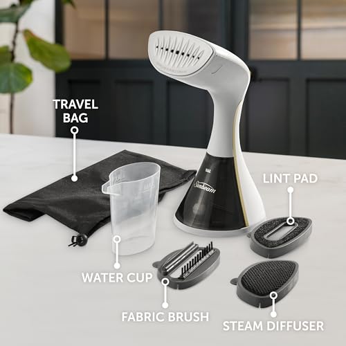 Sunbeam Power Boost Handheld Garment Steamer | 2100W, 90g/Min Steam Shot Clothes Steamer, Fast Heat Up Travel Steamer, Durable Scratch Resistant Cermaic Plate, White & Gold SCG2000