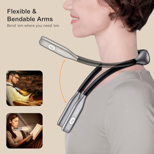 Gritin Neck Reading Light, Book Light for Reading in Bed- Eye Caring 3 Colors,Stepless Dimming Brightness,Bendable Arms,80+Hrs Runtime,Round Neck Design,Comfortable&Flexible for Reading, Knitting etc