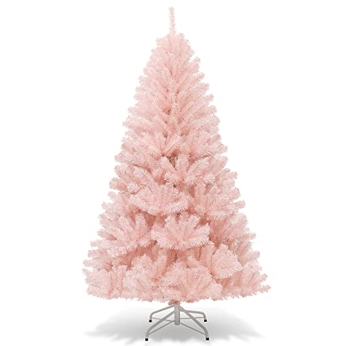 Costway 1.8M Pink Christmas Tree, Artificial Hinged Christmas Tree w/ 617 Tips, Premium Soft PVC Needles, Sturdy Metal Stand, Quick Set Up & Easy Storage, Ideal for Home, Office and Shops