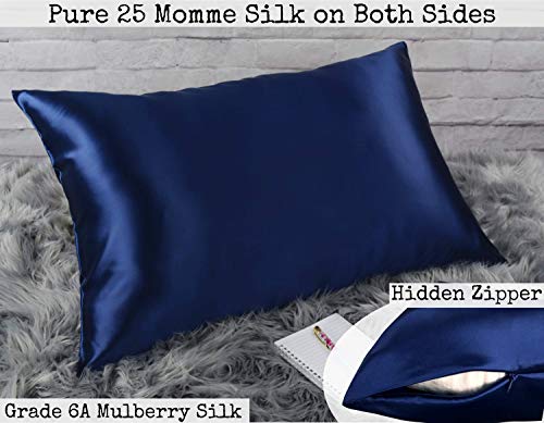 (Queen, Navy Blue) - 100% Silk Pillowcase for Hair Zippered Luxury 25 Momme Mulberry Silk Charmeuse Silk on Both Sides of Cover -Gift Wrapped- (Queen, Navy Blue)