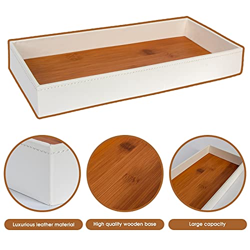 JackCubeDesign Leather Bamboo Valet Tray Storage Tray Cosmetic Stationery Organiser Catch-All for Keys, Phone, Wallet, Coin, Jewellery and More(White, 30.5 x 13.7 x 4.1 cm) - :MK205B