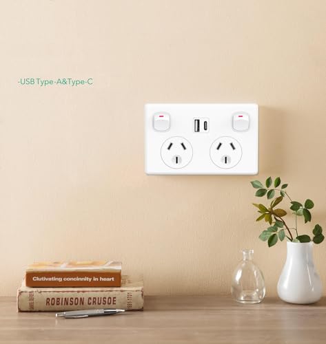 Double Pole, Double Power Point GPO Wall Outlet 10A with USB A & C Type Charging Power Point for Mobile Smarthphone, iPad Charge USB Ports 5V 3.6Amp