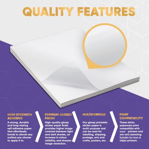 Avarrix Australia A4 Sticker Paper, Paper-Based Glossy White, 50 Sheets, Self Adhesive Premium Glossy Sticker Paper for Inkjet and Laser Printer, 90gsm Thickness Printable Label Sheets