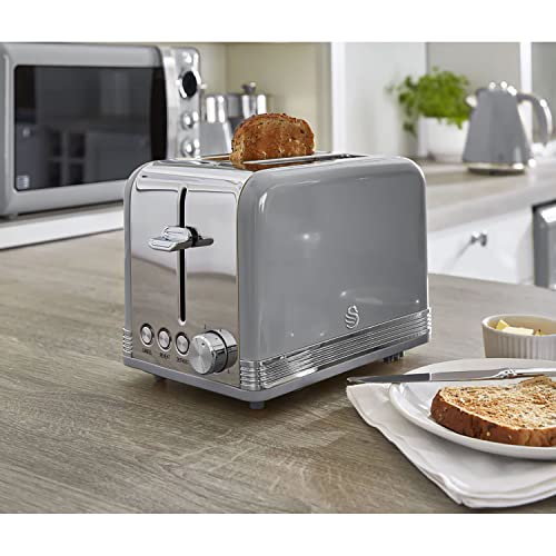 Swan Retro Breakfast Set Kettle 1.8 L, Toaster Bread, Wide Slot, 2 Slices, Digital Microwave 20 litres with 6 Power Levels and Timer, Vintage Design, Grey, One Size