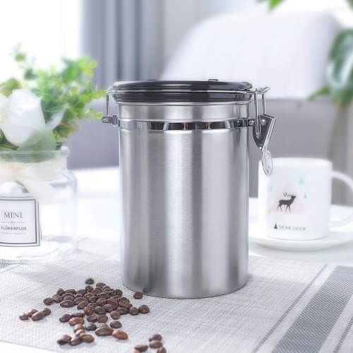 1.8L Coffee Canister, Airtight Coffee Canister with Scoop, Coffee Jar with Built-in Valve, Date Tracker, 2 Spare Filter, Coffee Container for Beans, Ground, Tea, Flour and Sugar Silver