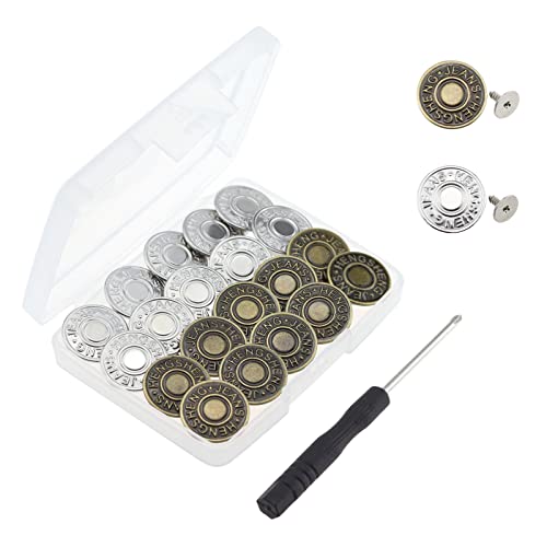 Ginojex 20 Sets Jeans Buttons Replacement Kit 17mm Metal Button No-Sew Detachable with Thread Rivets Screwdrivers Storage Box (Bronze, Silver)