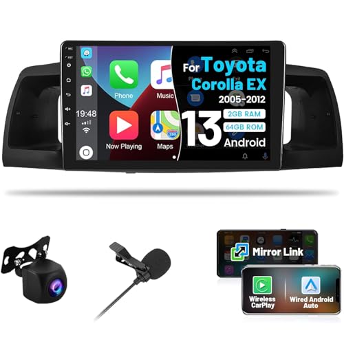 Roinvou 2+64G Android CarPlay Stereo for 2005-2012 Toyota Corolla EX, Built-in Wireless CarPlay with Android Auto, 9'' Touchscreen in-Dash GPS Navigation Support Mirror Link BT FM RDS AHD