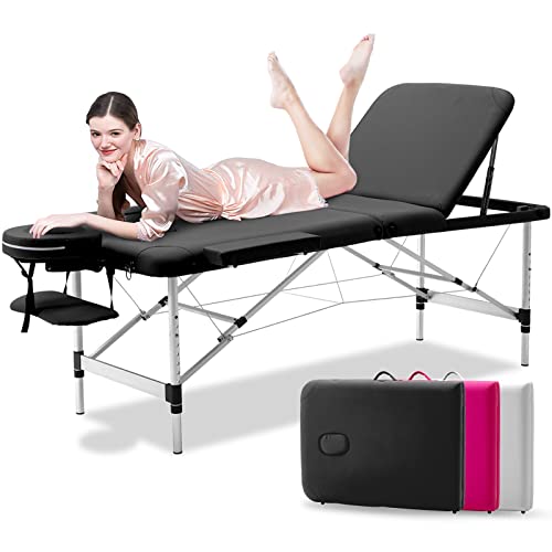Advwin Massage Table, Portable Massage Bed 70cm 3 Fold Massage Therapy Table Spa Bed Adjustable Salon Bed Face Cradle Bed Black