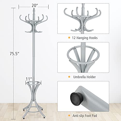 Tangkula 75.5" Standing Coat Rack, Wood Coat Tree with 12 Hooks, Home Hat Jacket Hanger Tree 12 with Umbrella Holder Coat Stand (Grey)