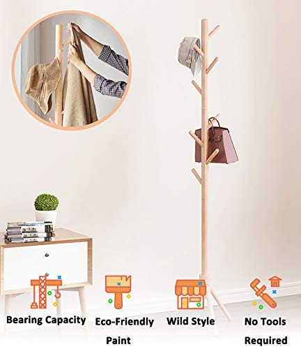 Neween Wooden Coat Rack with 8 Hocks, 3 Adjustable Sizes Free Standing Coat Hanger No Tools Required Handbags, Clothes, Hat Stand for Hallway, Entryway, Bedroom (Beige)