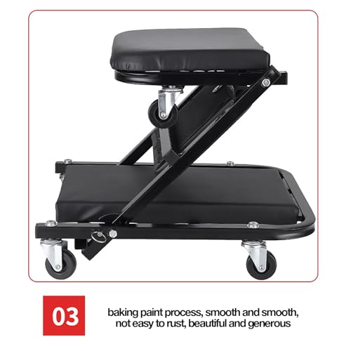 Rolling Tool Creeper, Steel Alloy PU Leather Garage Roll Seat, Easy Mobility Foldable Repair Bench, Reinforcement Screws Mechanic Work Stools for Work Flexible, Automotive Repair, Detailing, Braking