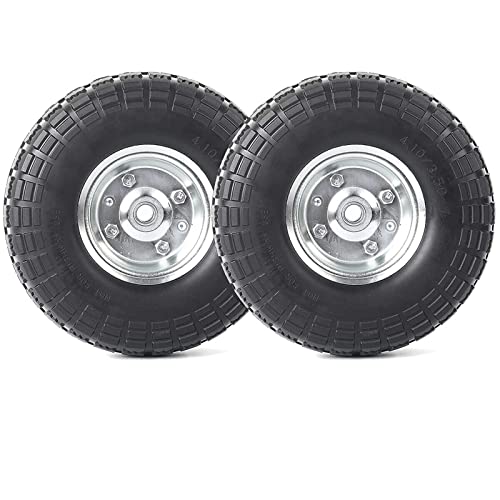 2 Pack 10" Flat Free Tires Solid Rubber Tyre Wheels,4.10/3.5-4 Air Less Tires Wheels with 5/8" Center Bearings for Hand Truck, Trolley, Wheelbarrows, Garden Cart, Black (4.10/3.5-4,2PCS)