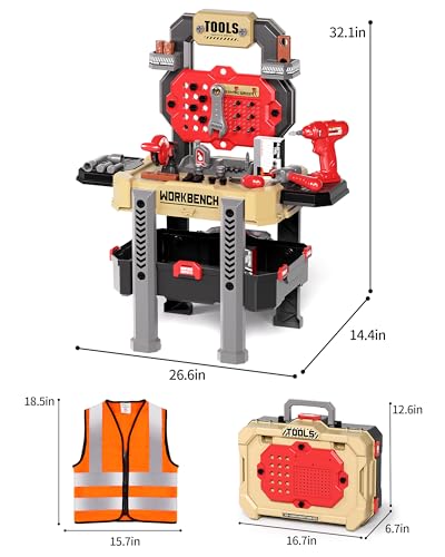 Deejoy Kids Tool Bench with Realistic Tools and Electric Drill, 79 Pcs Transformable Kids Tool Set with Clothes, Toddler Tool Bench Pretend Play Learning Gift for Boys & Girls Age 3-5 (Yellow)