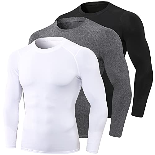SPVISE 3 Pack Men's Compression Shirts Long Sleeve Workout Gym T-Shirt Running Tops Cool Dry Base Layer Athletic Undershirts, Crewneck- Black+white+grey, Large