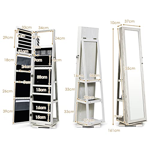 Costway Mirror Jewellery Cabinet Standing, 360 Rotatable Lockable Jewelry Armoire, 3-in-1 Makeup Jewelry Organizer w/Full Length Mirror & Large Capacity, White