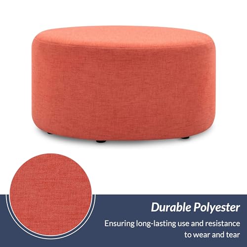 BELLEZE Modern 24 Inch Ottoman, Upholstered Fabric Footstool, Round Pouf Accent Furniture for Living Room, Solid Colored Circle Footrest - Colby (Orange)