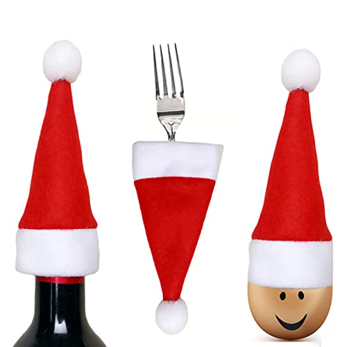 10 Pcs Christmas Santa Hats Silverware Holders Wine Bottle Cover, MH MOIHSING Christmas Cutlery Holders for Xmas Party Dinner Table Dinnerware Decorations and Flatware Organizers Decor Supplies