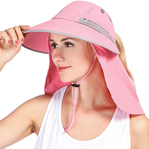 HICOSKY Womens Outdoor Sun Hat UV Protection Wide Brim Mesh Foldable Ponytail Summer Beach Fishing Hats Safari Cap with Neck Flap Pink