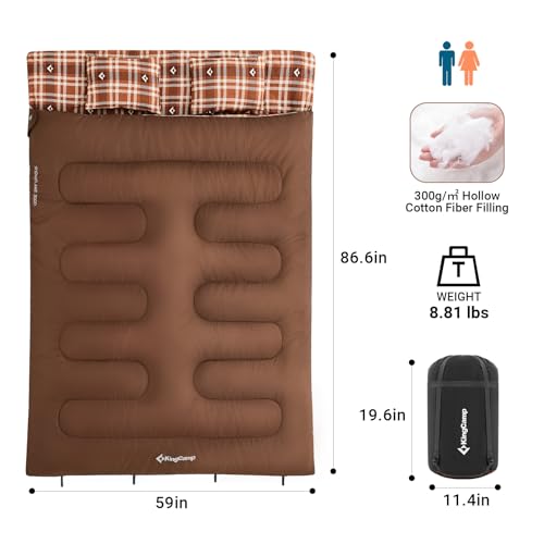 KingCamp Double Sleeping Bag for Adults Cotton Flannel Lightweight Queen Size 2 Person Sleeping Bags with 2 Pillows for Camping Backpacking or Hiking Outdoor XL Sleeping Bag w/Compact Compression Sack