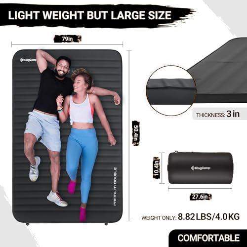 KingCamp Luxury 3D Double Self Inflating Camping Sleeping Pad Foam Air Mattress R Value: 9.5, Portable 3 Inch Large Thick Self Inflatable Mattress for 2 Two Person, Couple, Queen Size, Black