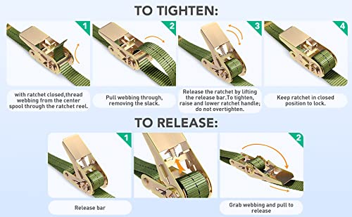 2000kg 6m Heavy Duty Ratchet Tie Down Straps with Adjustable Lashing Metal Claw J-Hooks, Green Tensioning Belt 38 mm for Material Handling Lawn Camping Moving Motorcycle Kayak Luggage Cars Roof Rack