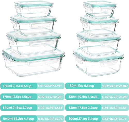 Glass Food Storage Containers with Lids - 8 Pack Meal Prep Airtight Bento Boxes with Leak Proof Locking Lids for Microwave, Oven Freezer and Dishwasher BPA Free