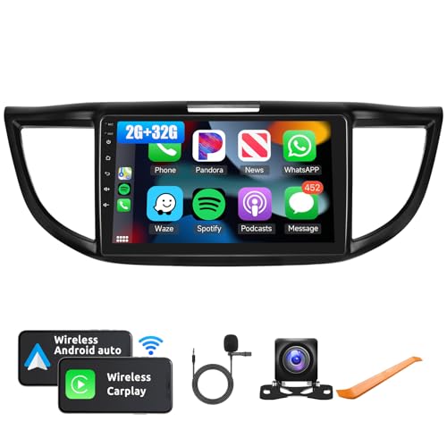 2+32G Android Car Stereo for Honda CRV 2012-2016 with Wireless Carplay, 9 Inch Touchscreen Car Radio with Android Auto HiFi Audio WiFi GPS Navigation FM/RDS Radio Dual Mic + Backup Camera