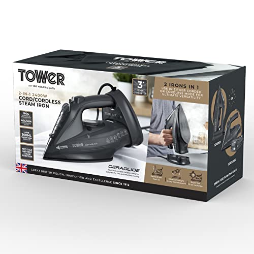 Tower T22008G CeraGlide Cordless Steam Iron with Ceramic Soleplate and Variable Steam Function, Grey