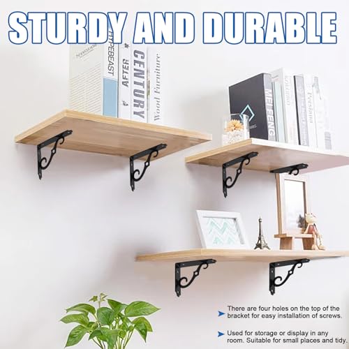 Glarks 2 Pack 5 Inch Black Decorative Shelf Brackets, Iron Wall Mounted Floating Shelf Bracket, L Shape Heavy Duty Metal Corner Brace Shelf Supporter Triangle Shelf Brackets for DIY Shelving