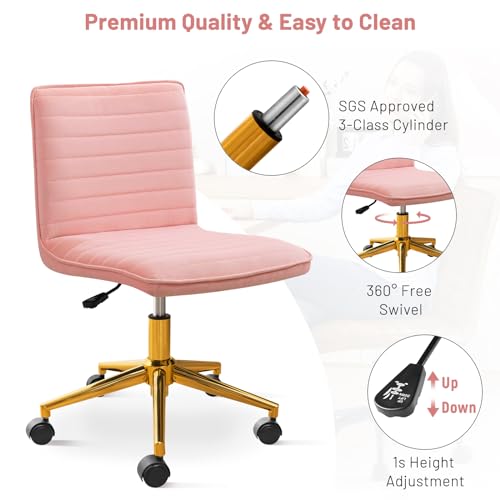 Furniliving Velvet Home Office Chair, Armless Vanity Desk Task Chair with Wheels 360° Swivel Computer Rolling Desk Chair with Back, Adjustable Accent Chair with Gold Metal Base Stool Chair (Pink)