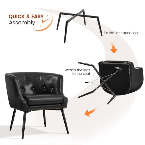 Yaheetech Modern Accent Chair, Faux Leather Retro Armchair, Upholstered Barrel Chair with Metal Leg and Comfy Seat Cushion for Living Room Bedroom, Black