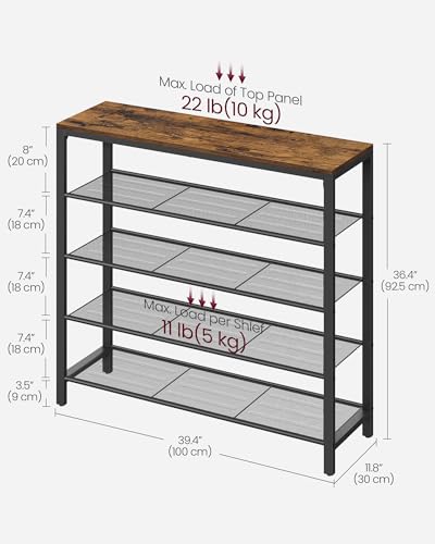 VASAGLE Shoe Rack, 5-Tier Shoe Storage Organizer with 4 Metal Mesh Shelves for 16-20 Pairs and Large Surface for Bags, for Entryway, Hallway, Closet, Industrial, Rustic Brown and Black ULBS15BX