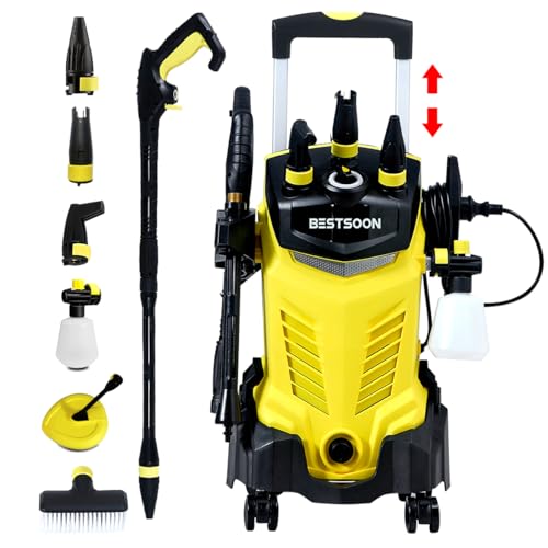 BESTSOON 3800PSI High Electric Pressure Washer Power Washer with 360° Spinner Wheels 2400W High Power 260Bar Jet Cleaner Sprayer Detergent Bottle Turbo Nozzle