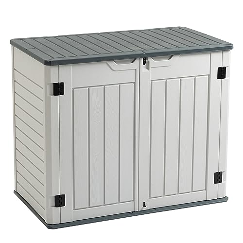 Zevemomo Resin Outdoor Storage Shed, All-Weather Horizontal Tool Shed w/o Shelf, Multi-Opening Door, Reinforced Floor, Lockable, 35 Cu.ft Capacity for Bike, Garbage Cans, Lawn Mower, Garden Tools